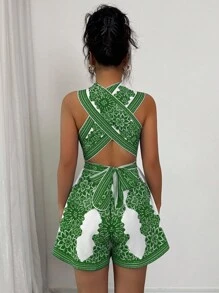 Elenzga 女式全身印花露背交叉连体衣