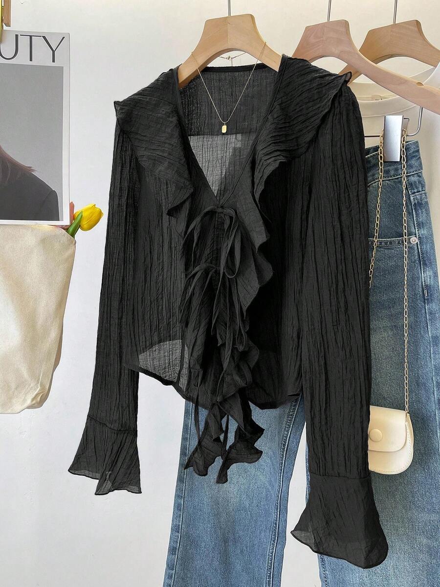 INAWLY V-Neck Pleated Ruffle Trim Front Tie Flare Sleeve Blouse Fall Cloth For Women - Black - View 1