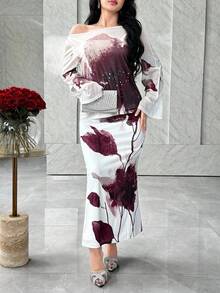 Feyla 2pcs Women Elegant Floral Print Flare Sleeve Top And Mermaid Hem Skirt Set - Multicolor - View 3