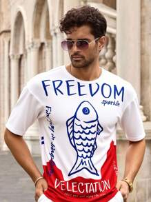 Manfinity VCAY 休闲男士宽松涂鸦鱼印花落肩短袖T恤，图案T恤，街头风夏季超大款T恤，返校季