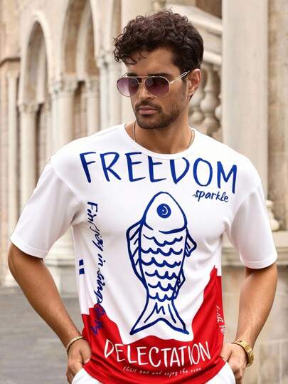 Manfinity VCAY Casual Men's Loose Fit Doodle Fish Print Dropped Shoulder Short Sleeve T-Shirt, Graphic Tee, Streetwear Summer Oversized T-Shirt, Back To School