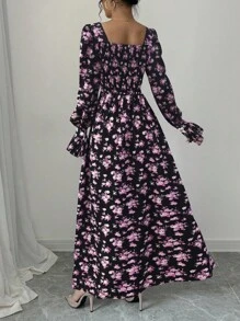 Rafferiza Elegant Floral Print Square Neck Dress With Ruffle Trim, Ruffle Sleeve, Pearl Button Decor, Suitable For Spring & Autumn Maxi Women Outfit Autumn Dress Fall Cloth For Women - Pink - View 2