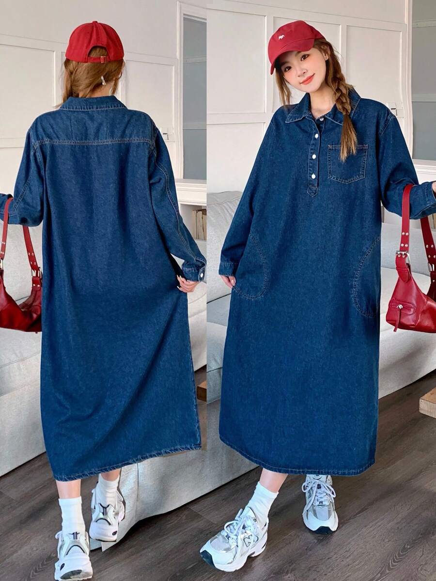 少女秋季休闲宽松长袖蓝色宽松柔软可爱牛仔衬衫裙，毕业典礼 - 深色水洗藍 - 查看 1