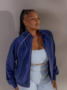 Aralina Plus Curve Leisurewear Fall Winter Y2K Stockholm Style Streetwear Zip Through Pipping Sweat Gym Top Airport Autumn - Blue - View 6