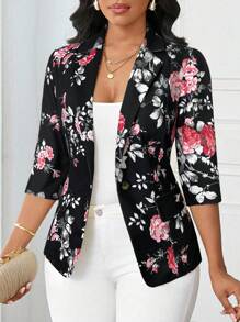 SHEIN Lady Áo khoác vest mỏng dành cho nữ phù hợp với mọi mùa Áo khoác blazer nữ công sở thường ngày họa tiết hoa - màu đen - Xem 5
