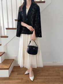 FRIFUL 女士黑色纯色透视网纱袖开衩休闲宽松百搭西装外套，适合机场、户外穿着及商务场合。 - 黑色 - 查看 2