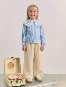 Maija Kids Maija Kids 少女条纹彼得潘领长袖衬衫，适合日常休闲和通勤穿着 - 藍色 - 查看 6