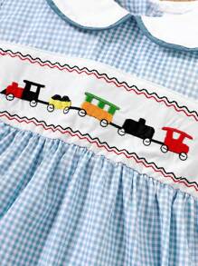 Souflis Souflis Baby Boy's Plaid Patchwork Bodysuit With Peter Pan Collar And Car Embroidery - Blue - View 5