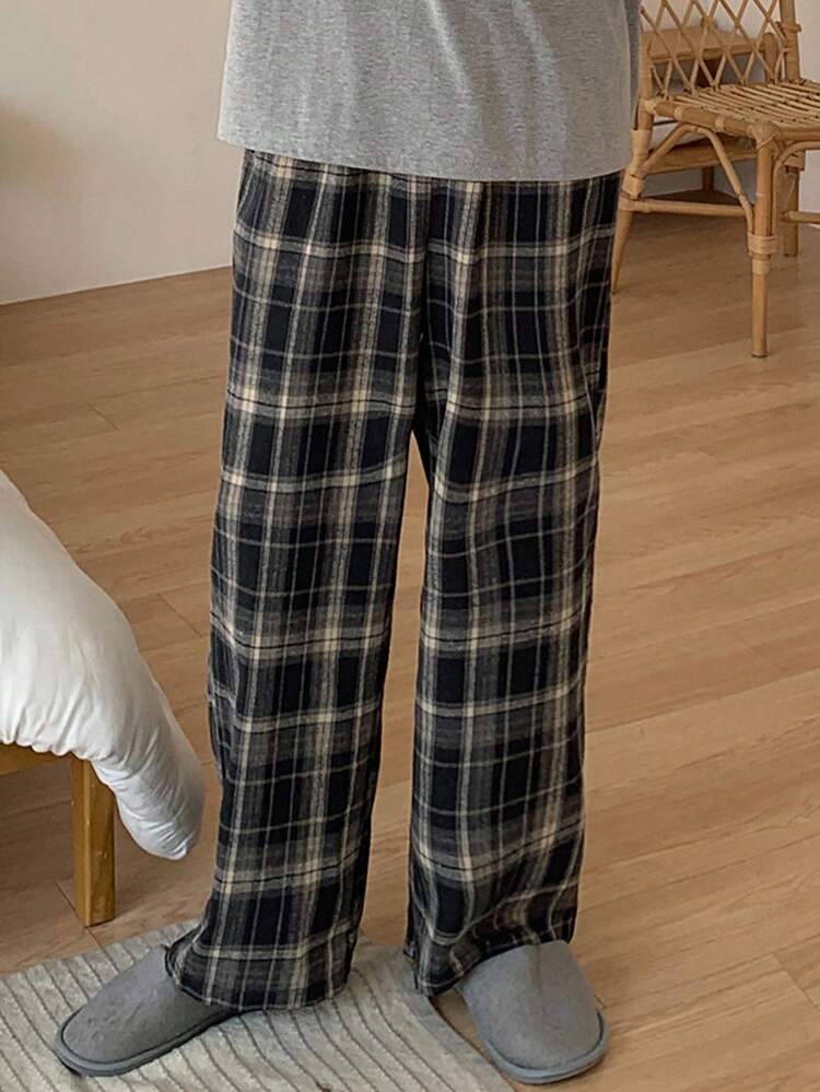 Men's Plaid Navy Blue Pajama Bottoms, Spring/Summer, For Fall, Winter