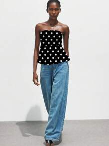 Maija 休闲波尔卡圆点图案褶饰娃娃装紧身抹胸上衣，适合万圣节、圣诞节、派对、音乐节 - 黑與白 - 查看 3