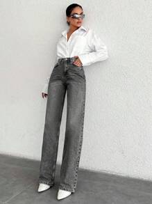 SHEIN Tall 高腰休闲直筒牛仔裤 - 淺灰色 - 查看 6