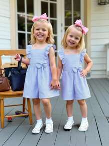 SHEIN Baby Girl Striped Ruffle Trim Bow Front Romper