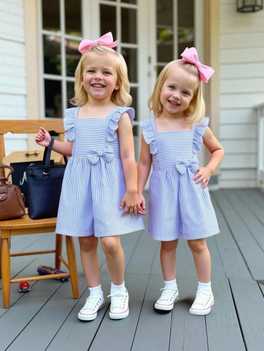 SHEIN Baby Girl Striped Ruffle Trim Bow Front Romper