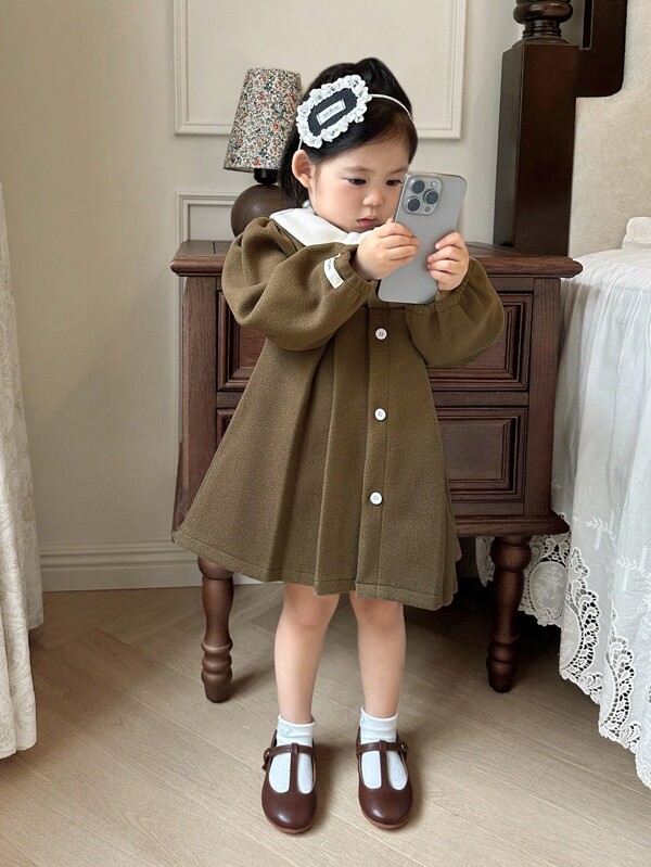 SHEIN Baby Girls' Vintage Style Lapel Long Sleeve Woolen Cardigan Jacket, Suitable For Outings, Gatherings And Daily Wear, Autumn/Winter
