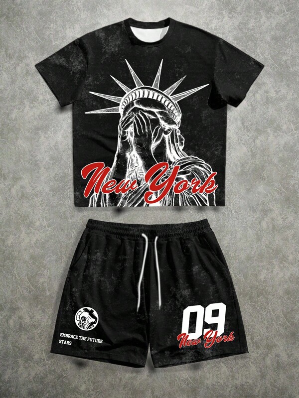 Manfinity ZONE917 Conjunto de camiseta con estampado de la estatua de la libertad de Nueva York número 09 para hombre, adecuado para el verano
