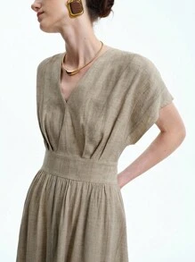 Aalyst Women's Spring/Summer Collared Short Sleeve Waist Cinched A-Line Simple All-Match Solid Color Maxi Dress - Khaki - View 4