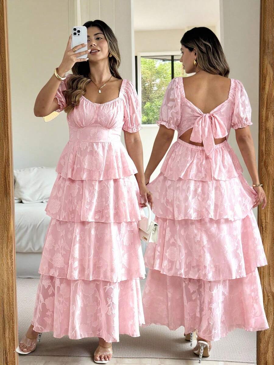 Vionelle Đầm đi biển tay bồng cổ vuông hở lưng xếp nếp nơ thanh lịch cỡ lớn cho nữ - Hồng - Xem 1
