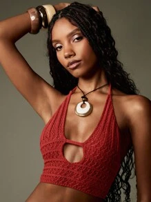 MISSGUIDED 钩针编织露背吊带短款上衣，适合夏季节日、波西米亚风海滩、钥匙孔前系带露背派对度假波西米亚假日休闲圣诞节 - 紅色 - 查看 4