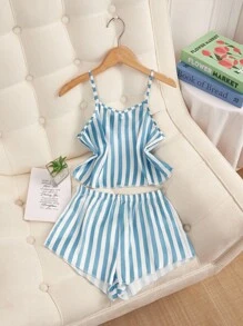 Girls Pajamas, Elegant Blue & White Striped Print, Soft & Comfortable Camisole & Shorts 2 Pieces Set, Suitable For Indoor & Outdoor Wear, Spring/Summer