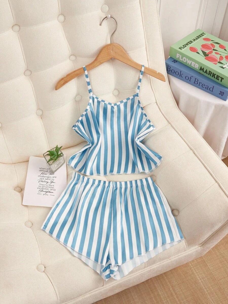 Girls Pajamas, Elegant Blue & White Striped Print, Soft & Comfortable Camisole & Shorts 2 Pieces Set, Suitable For Indoor & Outdoor Wear, Spring/Summer