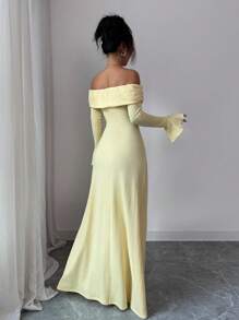 Rafferiza Modna i elegancka sukienka bankietowa o dopasowanym kroju, z jednym kołnierzykiem i długim rękawem w kolorze mlecznożółtym, na wiosnę i jesień