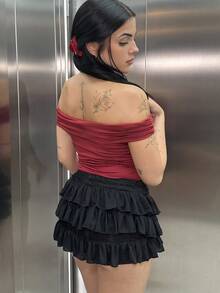 Lucia Bellido 女士夏季纯色勃艮第红色褶皱修身露肩 T 恤上衣 Y2K 服装 - 酒紅色 - 查看 2