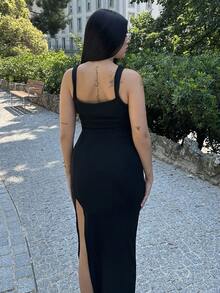 Lucia Bellido 高弹力罗纹针织宽带女式高开叉修身长裙，女士度假装 - 黑色 - 查看 2