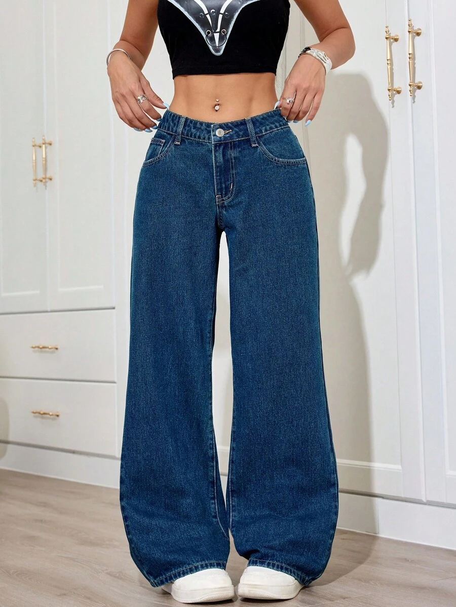 SHEIN PETITE Jeans de tiro bajo y pierna ancha de estilo casual lavado para mujer - Azul - Ver 1