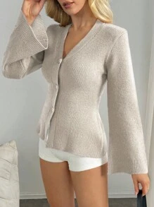 INAWLY Áo len cardigan dài tay trễ vai một hàng khuy đơn màu trơn cho nữ, mùa thu/đông - Màu be - Xem 4