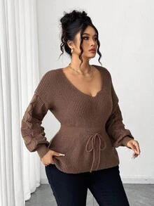 Elenzga Pull élégant à taille ajustée avec ceinture, grande taille - Tabac - Voir 4