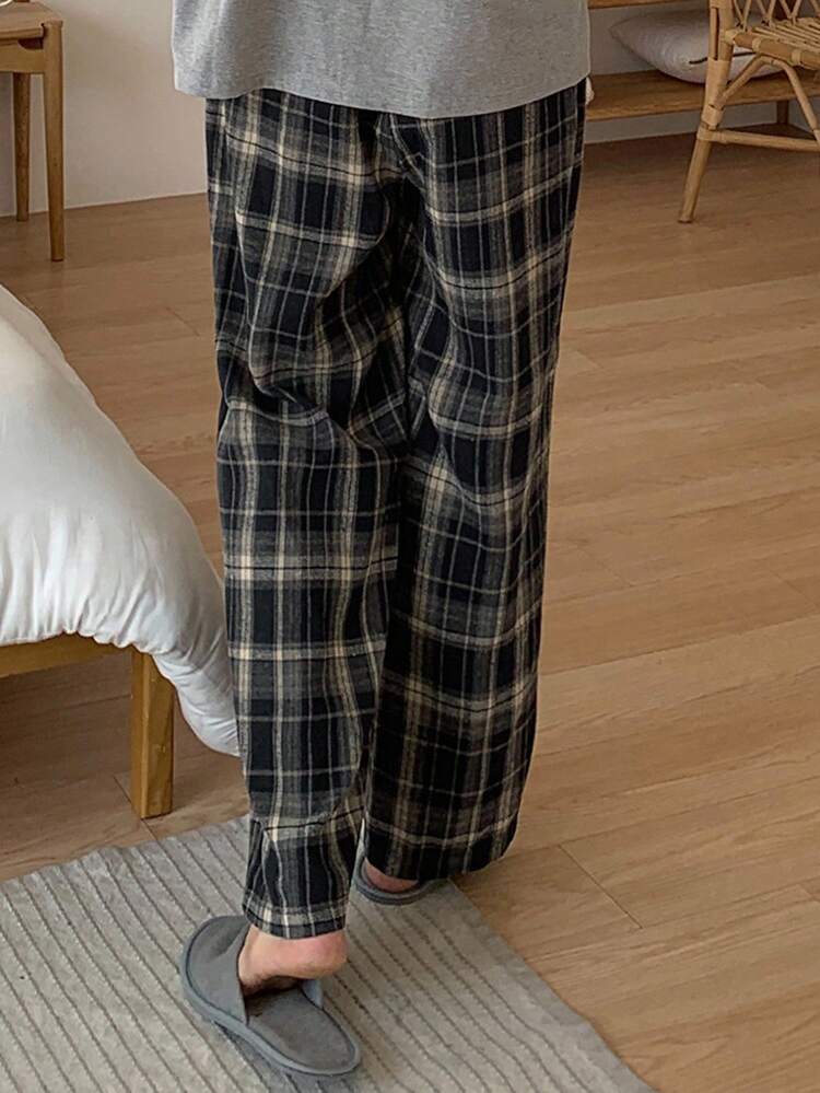 Men's Plaid Navy Blue Pajama Bottoms, Spring/Summer, For Fall, Winter