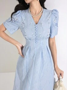 Heiryn 女士优雅串珠装饰中长连衣裙，夏季 - 藍色 - 查看 1