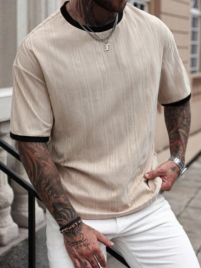 Manfinity CasualCool 男士夏季圆领短袖提花休闲T恤，男士圆领短袖修身休闲T恤