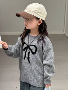 DAZY 年轻女孩休闲日常通勤蝴蝶图案落肩宽松套头毛衣，秋冬