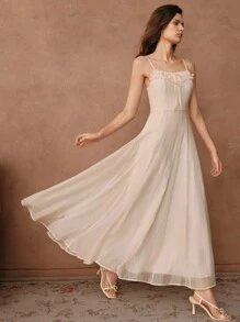 SHEIN Unity 度假风格婚礼派对礼服，女式长款无袖细肩带连衣裙 - 杏色 - 查看 7