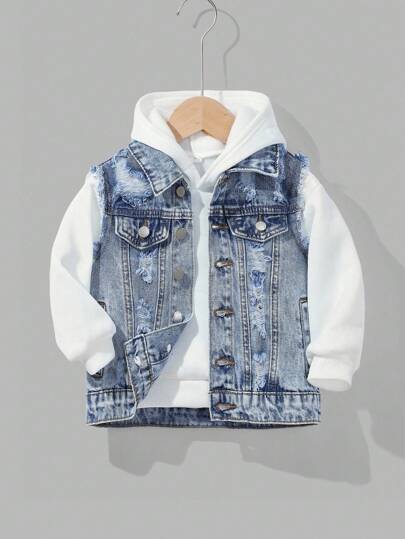 SHEIN Young Boys Fall And Winter Vintage Street Cool Style Distressed Base Everyday Blue Denim Ripped Frayed Loose Fit Jacket ,New Product,Boys Back To School Clothes,Kids Clothes And Boys Streetwear Outfits, Toddler Streetwear