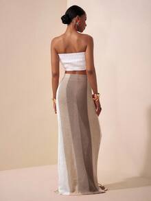 Zivah 2025新款夏季休闲度假日常约会沙滩装欧美街头风辣妹性感抹胸露脐修身针织白背心+长款半身包臀裙橘色卡其色酒红色白条纹毛呢长裙女士毛衣两件套秋冬狂欢装节日 - 彩色 - 查看 3