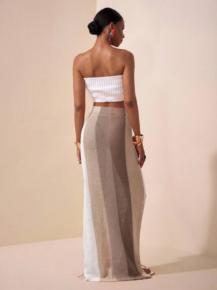 Zivah Conjunto de 2 piezas de verano 2025 de estilo europeo y americano para vacaciones y citas: top tubo sexy que deja ver el ombligo + falda larga a media pierna a rayas en naranja, caqui, vino tinto y blanco. Conjunto de suéter y falda larga de lana para festivales en otoño/invierno - Multicolor - Añade 2