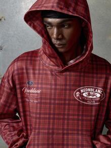 NEON BLANC Men's Fashionable Collegiate Style Red Plaid Knit Hoodie, Vintage Y2K Baggy Streetwear, For Fall, Winter, Holiday - Red - View 5