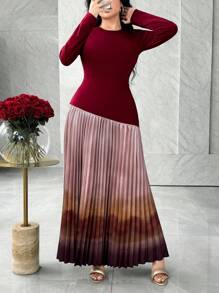 Modelyn 韩版百褶印花拼色腰部收腰长袖优雅通勤连衣裙 - 酒紅色 - 查看 4