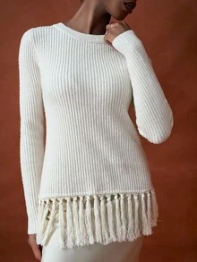 Zivah The 2025 New Autumn, Autumn And Winter Casual, Simple, Street, Daily, Date, Birthday, Party, Travel Season, Warm, Elegant, Commuting, Office Worker, Internet Celebrity Hit, Round Neck, Wide Shoulder, Long Sleeve, Fringed Hem, Decorated Back, Cross Backless, Crappy, Ribbed Pullover, Sweater, Women's Knitted Top -A