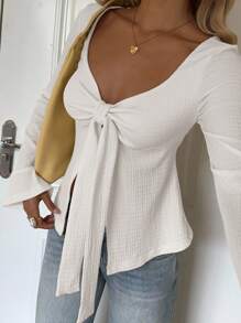 SHEIN EZwear 1 件休闲纯色系带袖口喇叭袖开衩下摆 T 恤 - 白色 - 查看 6