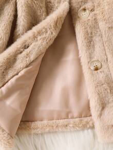 SHEIN 女童秋冬外套，时尚可爱百搭优雅蝴蝶结领蓬松连帽贝雷帽 - 卡其色 - 查看 9