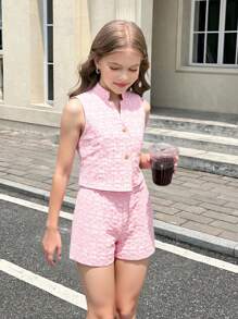 青少年女孩休闲提花针织中式领无袖上衣和褶皱短裤两件套西装 - 粉色 - 查看 1