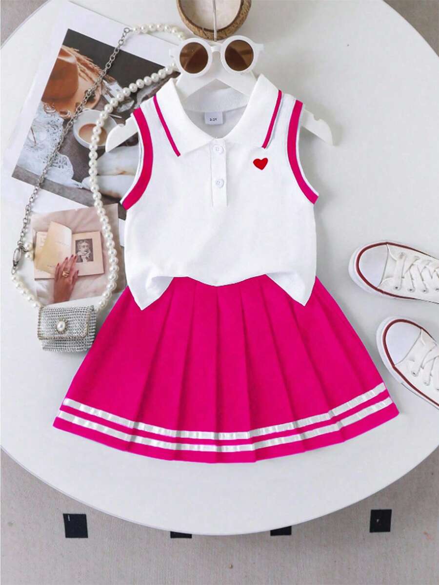 Elladie kids 2 件套女童心形印花领无袖上衣和荷叶边下摆百褶裙 - 校园风格，适合夏季返校季 - 玫紅色 - 查看 1