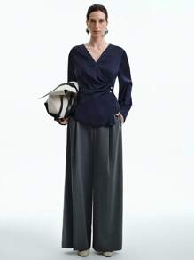 Aalyst Women's Long Sleeve Shiny Fabric Office Commute Blouse, Waist Design, Minimalist Solid Navy Color, Asymmetric Hem Fall Cloth For Women