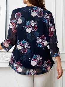 EMERY ROSE 加大码女式海军蓝花卉印花七分袖衬衫，女式夏季服装 - 彩色 - 查看 2