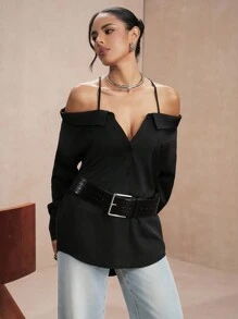 SHEIN Unity Women's Personalized Sexy Fashion Spaghetti Strap Cold Shoulder Minimalist Solid Color Blouse, Spring/Autumn - Black - View 4