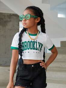 Tween Girl White Alphabet Sports Style Simple Fashionable Basic Short Sleeve T-Shirt With Round Neck For Summer,Holiday,Summer,Travel - White - View 1