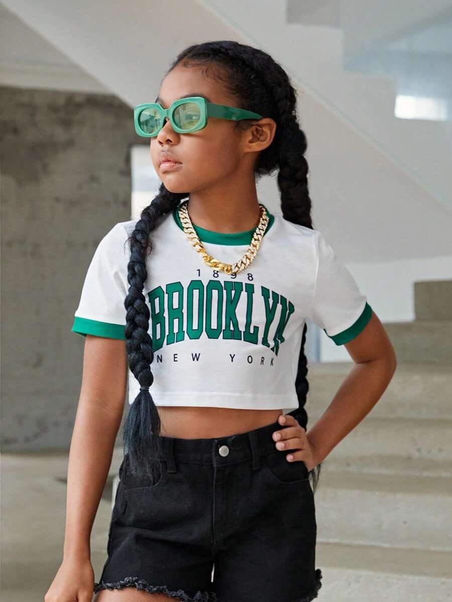 Tween Girl White Alphabet Sports Style Simple Fashionable Basic Short Sleeve T-Shirt With Round Neck For Summer,Holiday,Summer,Travel - White - View 1